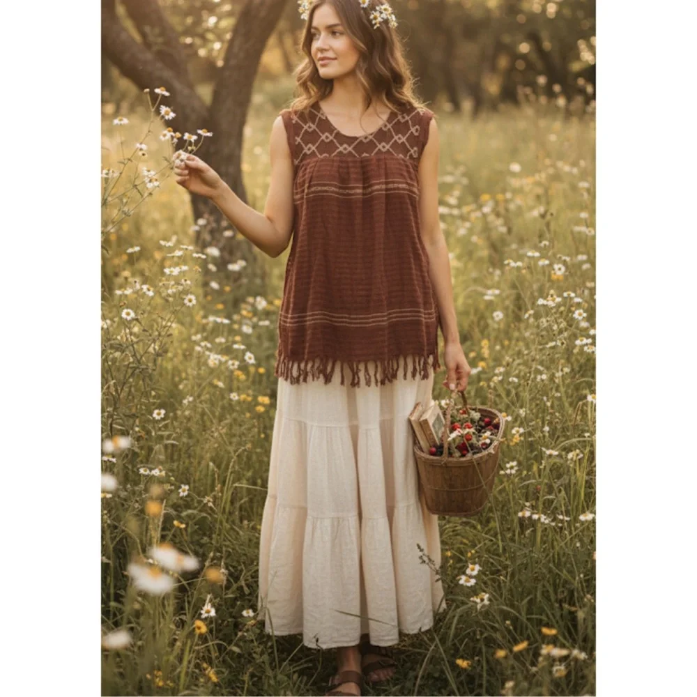 Embroidered Knit Top M/L Geometric Cottagecore Boho Fairycore Neutral Vintage - Picture 13 of 13